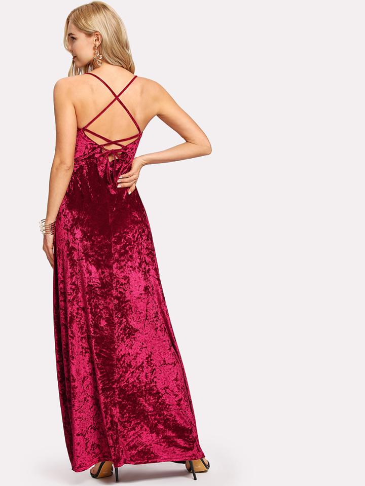 Romwe Lace Up Back Crushed Velvet Cami Dress