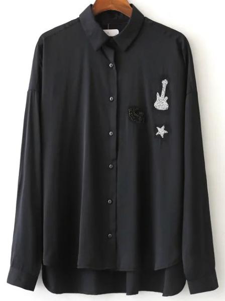 Romwe Black Diamond Guitar High Low Blouse