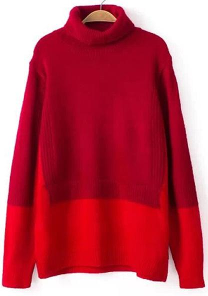 Romwe High Neck Loose Red And Orange Sweater
