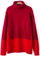 Romwe High Neck Loose Red And Orange Sweater