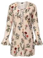 Romwe Apricot Ruffle Sleeve Lace Up Floral Dress