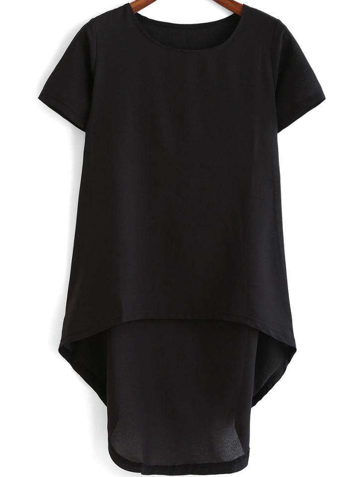 Romwe Black Round Neck Dip Hem Chiffon Blouse