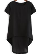 Romwe Black Round Neck Dip Hem Chiffon Blouse