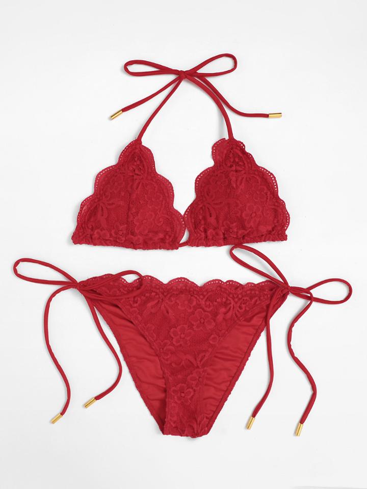 Romwe Scalloped Trim Side Tie Lace Bikini Set