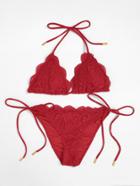 Romwe Scalloped Trim Side Tie Lace Bikini Set