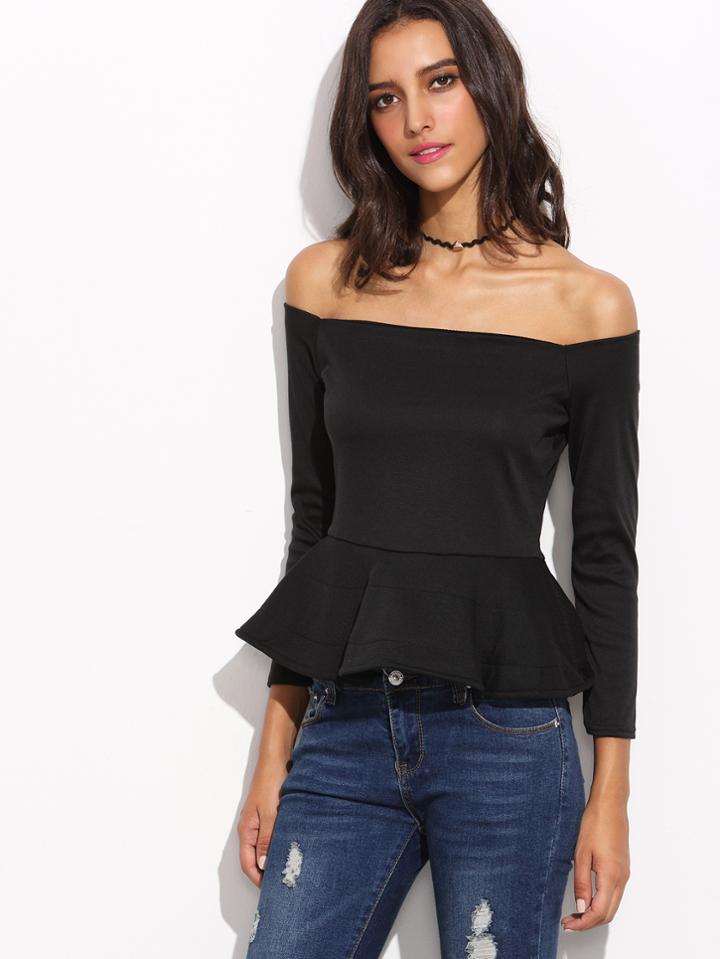 Romwe Black Off The Shoulder Ruffle T-shirt