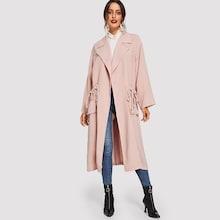 Romwe Notch Collar Drawstring Pocket Front Coat