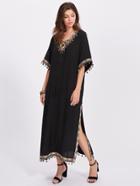 Romwe Embroidered Tape And Coin Fringe Trim Side Slit Dress