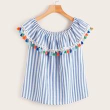 Romwe Off Shoulder Ruffle Tassel Detail Striped Top