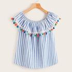 Romwe Off Shoulder Ruffle Tassel Detail Striped Top