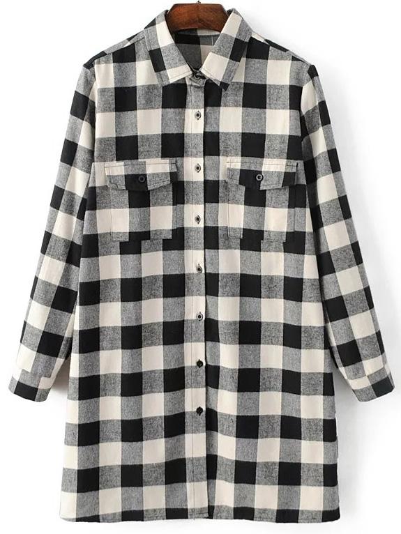Romwe Black And White Plaid Longline Blouse With Pocket