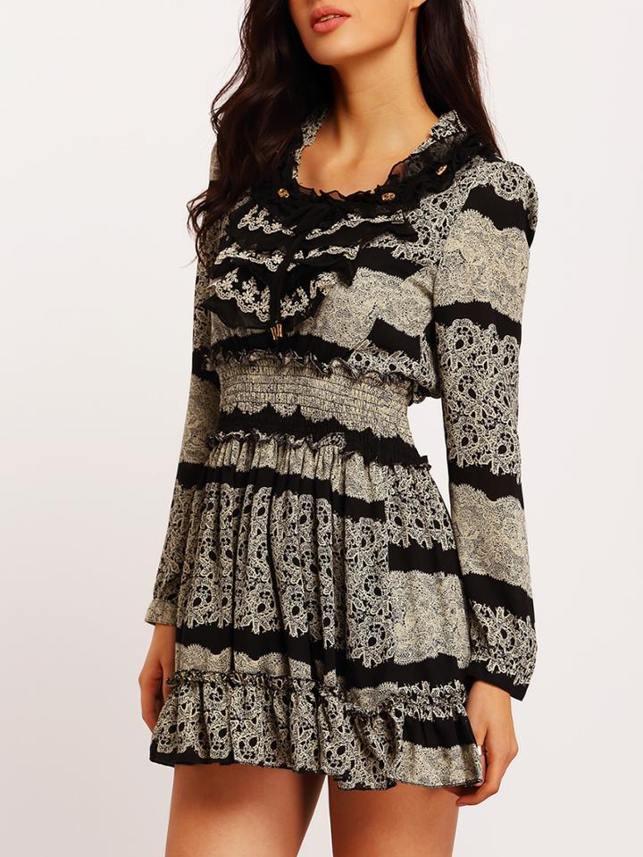 Romwe Ruffle Vintage Print Pleated Chiffon Dress