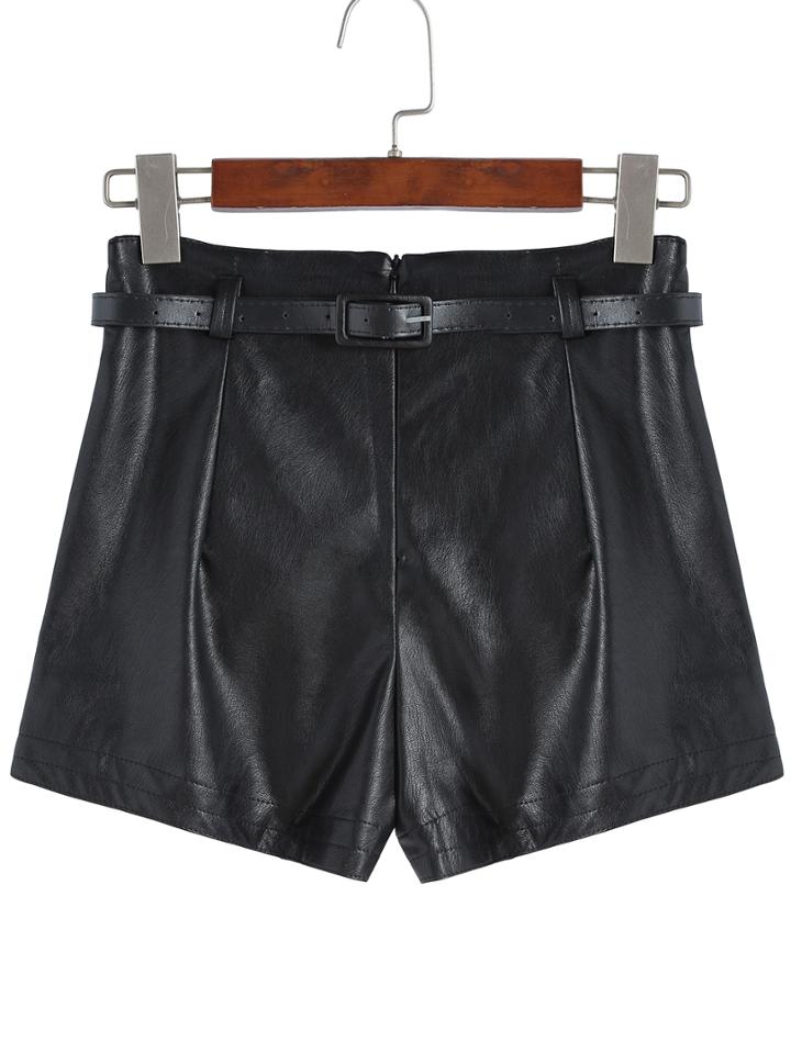 Romwe Belt Pu Slim Black Pant