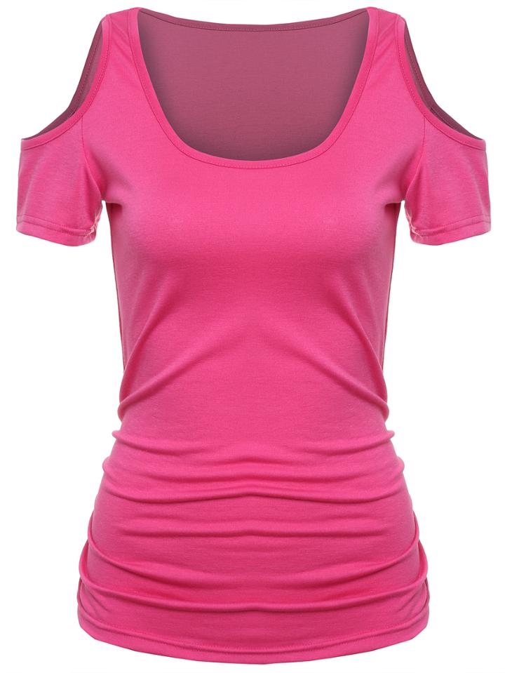 Romwe Open Shoulder Hot Pink T-shirt