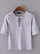 Romwe Grey Lace Up Slim T-shirt