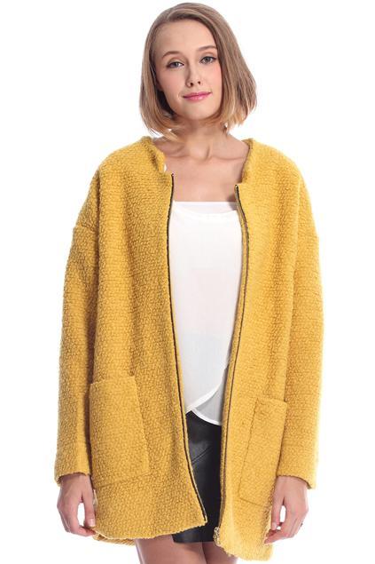 Romwe Pocketed Zippered Yellow Coat