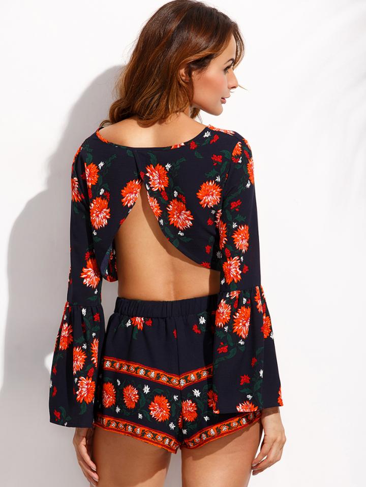 Romwe Navy Ruffle Sleeve Crop Top With Shorts