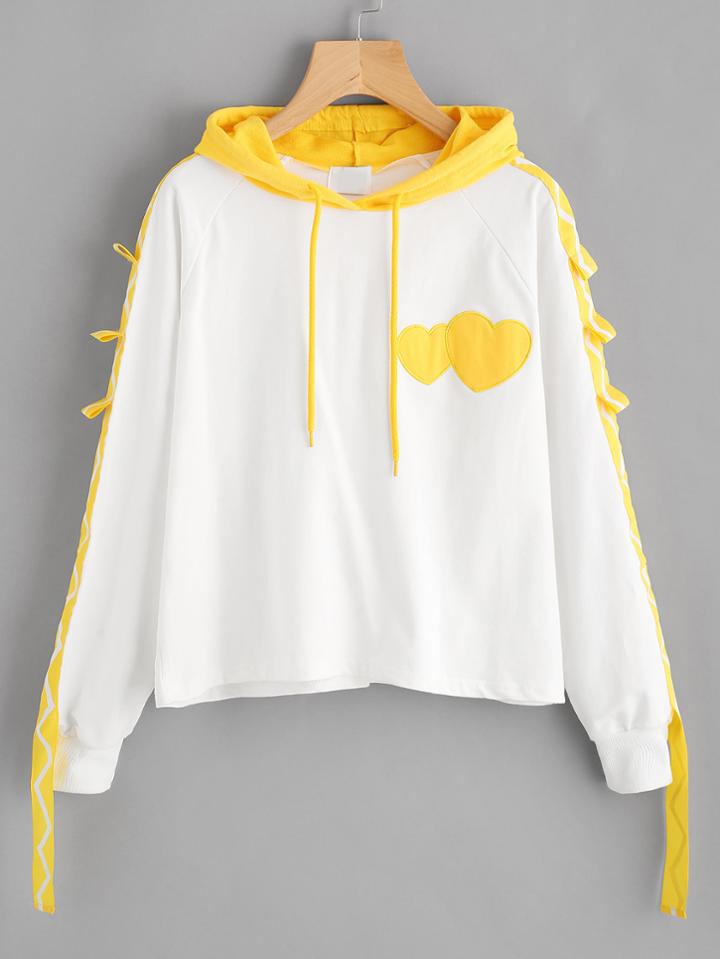 Romwe Taped Sleeve Heart Embroidered Drawstring Hoodie