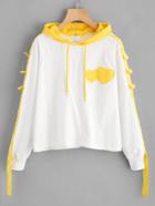 Romwe Taped Sleeve Heart Embroidered Drawstring Hoodie