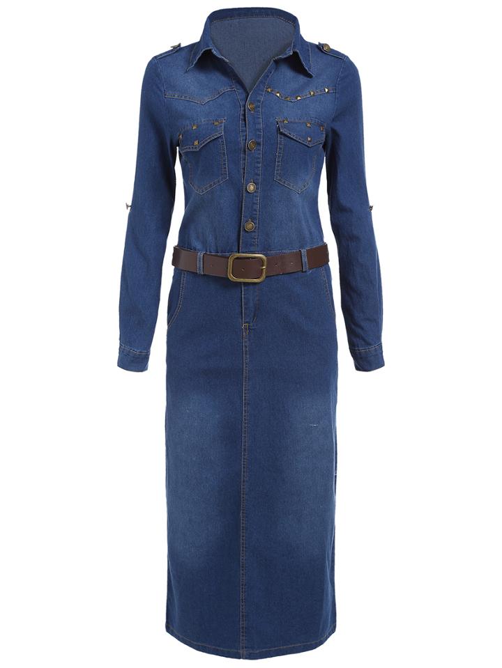 Romwe Lapel Buttons Pockets Rivets Denim Shirt Dress