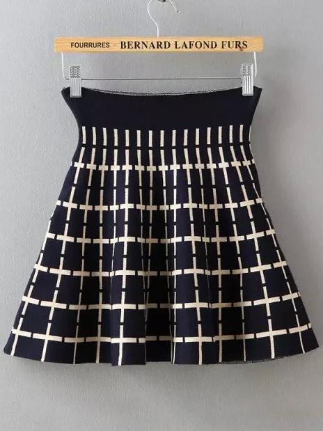Romwe Cross Pattern Flare Navy Skirt