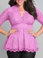 Romwe V Neck Scalloped Hem Lace Pale Purple Blouse