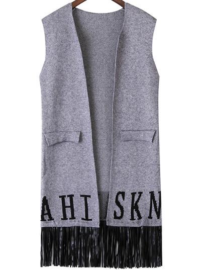 Romwe Letter Print Tassel Pockets Grey Vest