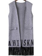 Romwe Letter Print Tassel Pockets Grey Vest