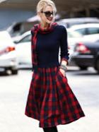 Romwe Red Round Neck Long Sleeve Knit Pockets Scarf Dress