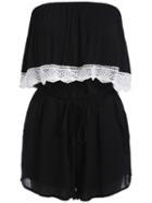 Romwe Strapless Lace Insert Drawstring Black Jumpsuit