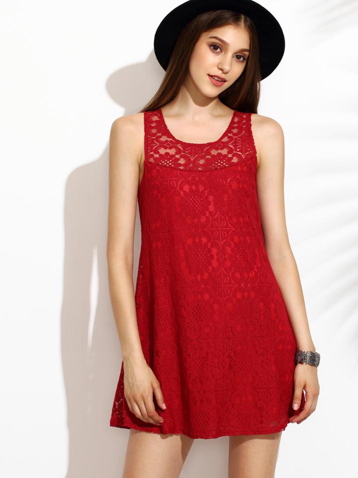 Romwe Red Cutout Back Lace Tank Dress
