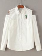 Romwe White Open Shoulder Embroidery Blouse With Pocket