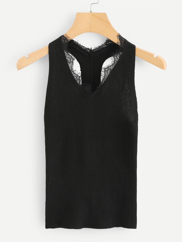 Romwe Eyelash Lace Trim Ribbed Tank Top