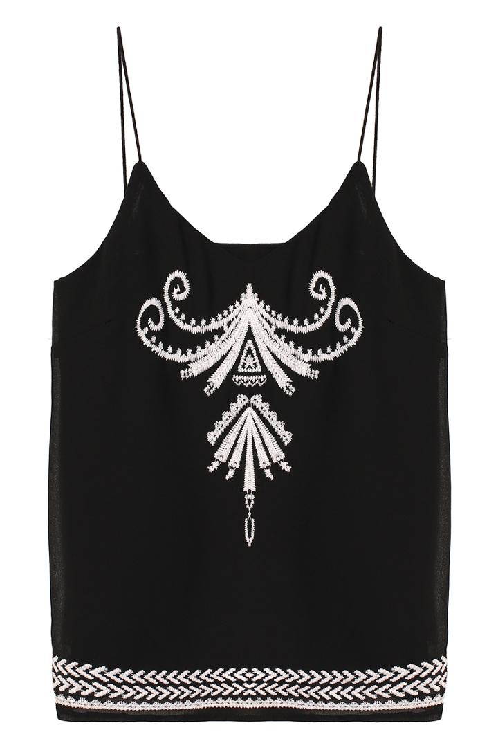 Romwe Spaghetti Strap Embroidered Slim Black Vest