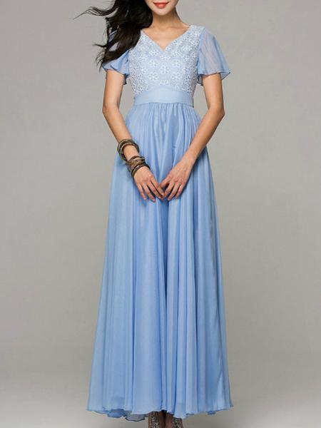 Romwe Blue V Neck Embroidered Pleated Maxi Dress