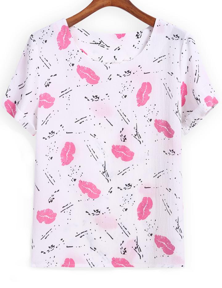 Romwe Round Neck Lips Print T-shirt