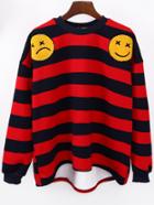 Romwe High Low Dropped Shoulder Seam Striped Smiling Face Embroidered Red Sweatshirt