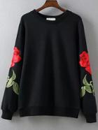 Romwe Rose Embroidered Black Sweatshirt