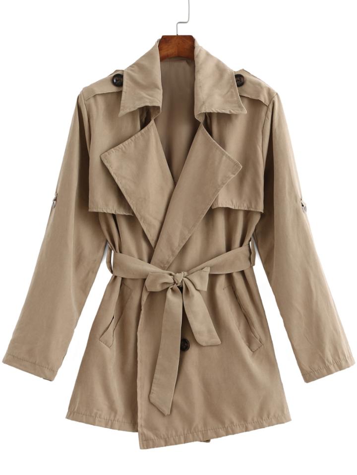 Romwe Lapel With Belt Khaki Coat
