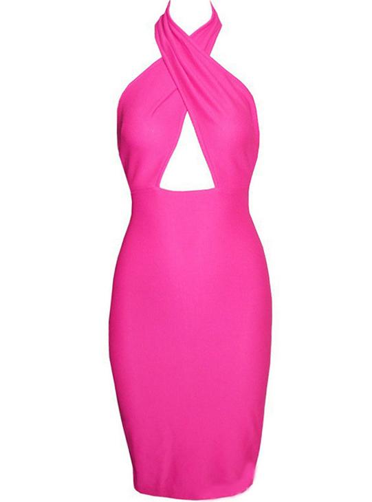 Romwe Halter Backless Bodycon Pink Dress