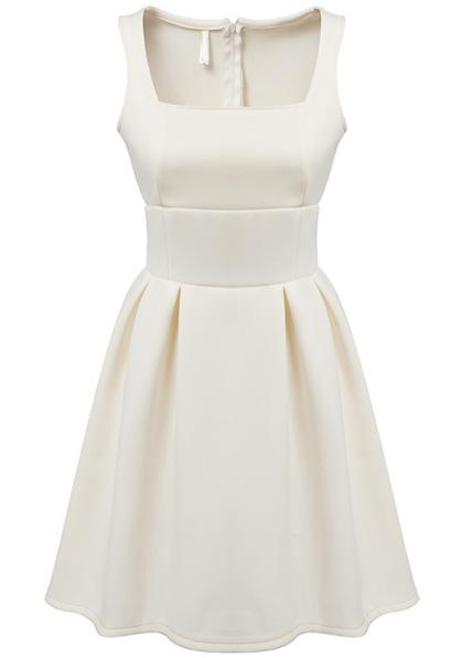 Romwe White Square Neck Sleeveless Pleated Dress