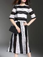 Romwe White Black Color Block Lace Top With Split Skirt