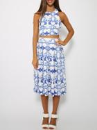 Romwe Criss Cross Back Printed Crop Top With Pleated Skirt