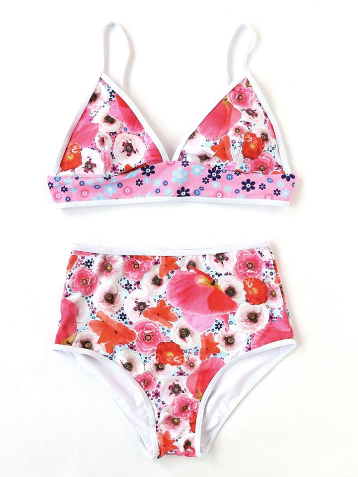Romwe Red Floral Contrast Trim Triangle Bikini Set
