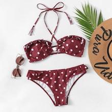 Romwe Polka Dot Halter Bandeau With Low Rise Bikini