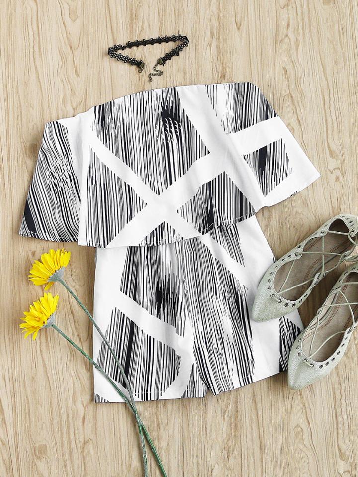 Romwe Flounce Layered Neckline Contrast Striped Romper