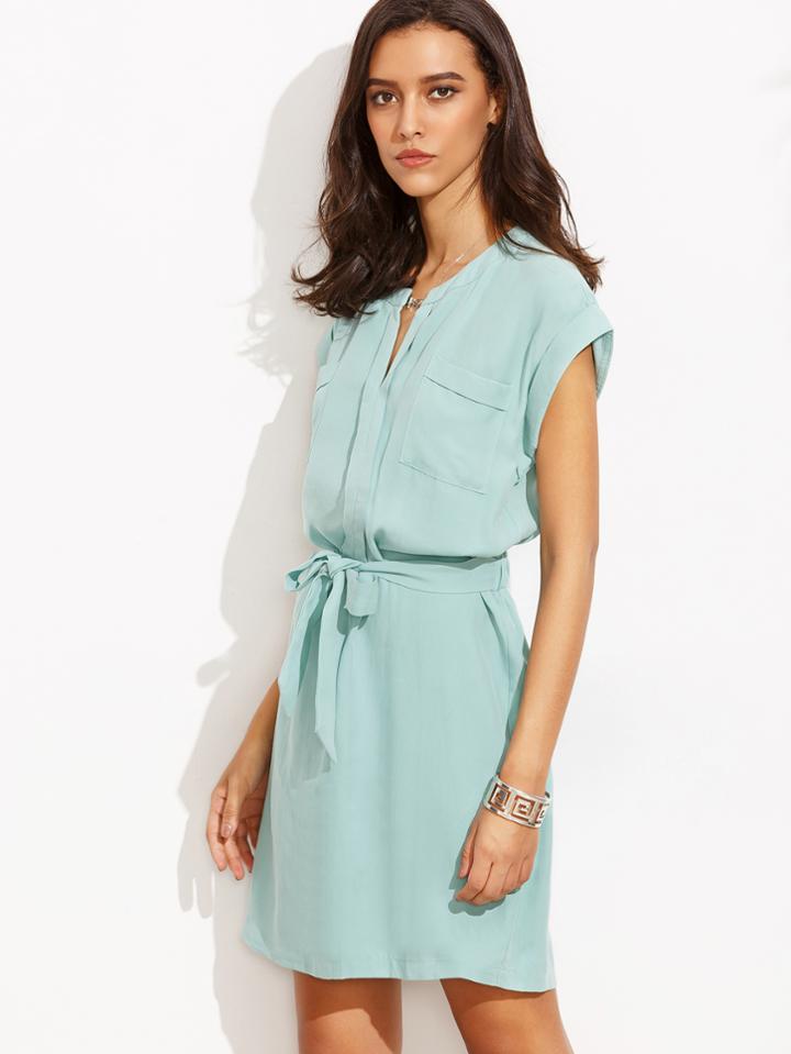 Romwe Green Cap Sleeve Pocket Bow Dress