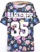 Romwe Black Short Sleeve Floral Letters 35 Print T-shirt