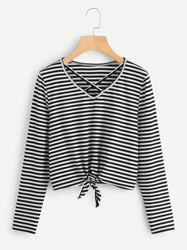 Romwe Criss Cross Knot Front Striped Tee
