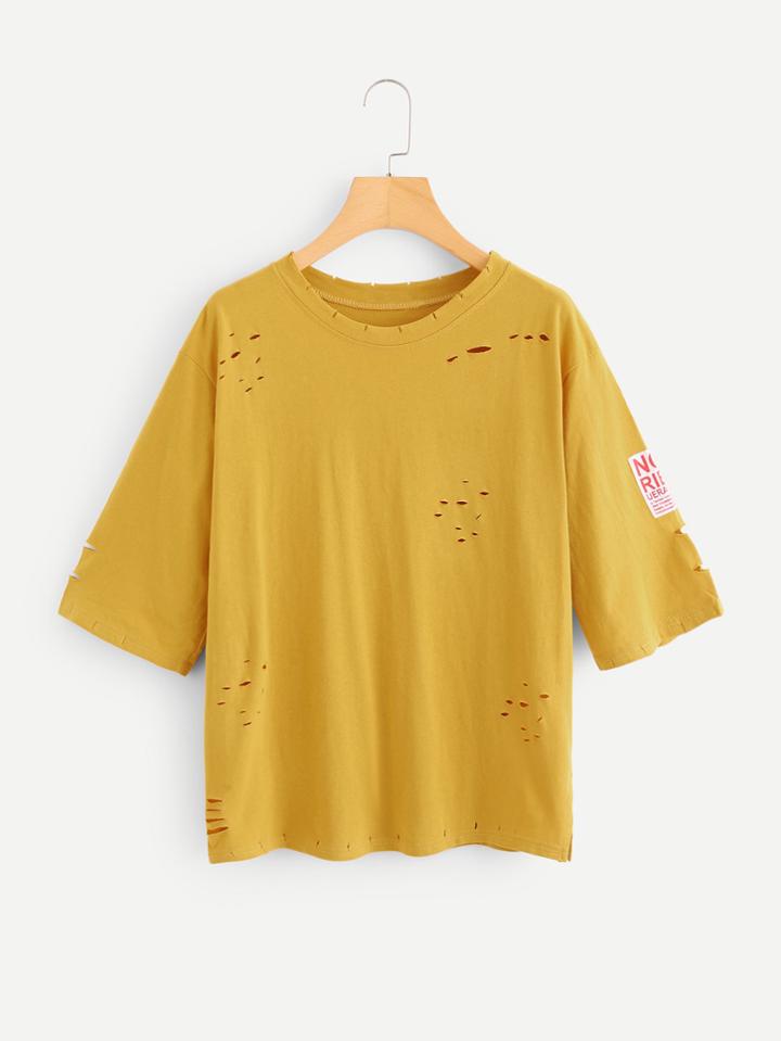 Romwe Patch Detail Ripped T-shirt
